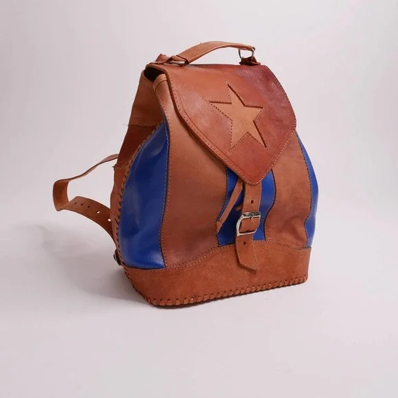 vintage leather backpack | Vintage Mexican patchwork camel tan leather boho - Picture 1 of 9